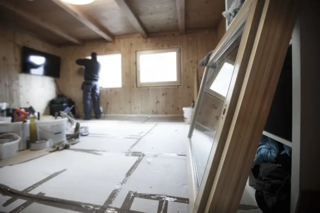 Zwei Mitarbeiter einer Glaserei tauschen die Fensterscheiben bei Holzfenstern aus