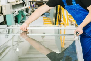 Glaser mit blauer Latzhose schneidet eine Glasscheibe für eine Dusche nach Maß in einer Glaserei