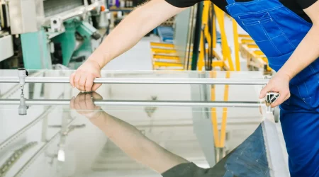Glaser mit blauer Latzhose schneidet eine Glasscheibe für eine Dusche nach Maß in einer Glaserei