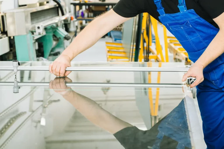 Glaser mit blauer Latzhose schneidet eine Glasscheibe für eine Dusche nach Maß in einer Glaserei