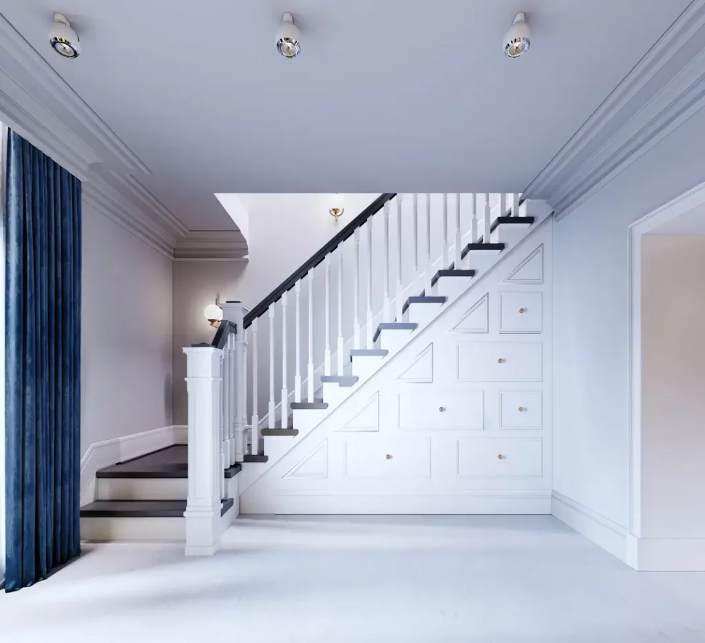 Podesttreppe mit Treppenschrank als Stauraum