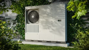 Eine moderne Hochtemperatur-Luft-Wasser-Wärmepumpe steht an der Hauswand eines Altbaus im Garten