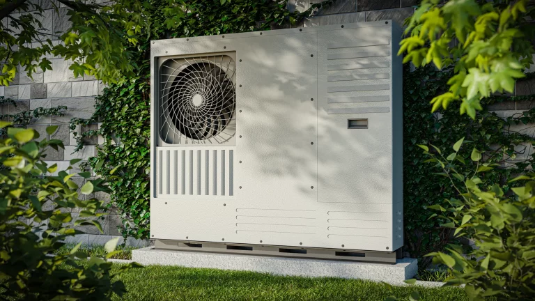 Eine moderne Hochtemperatur-Luft-Wasser-Wärmepumpe steht an der Hauswand eines Altbaus im Garten
