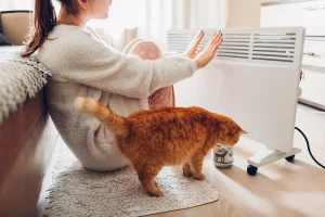 Frau sitzt mit einer Katze Hände wärmend vor einer Karamikheizung