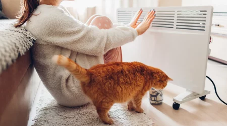 Frau sitzt mit einer Katze Hände wärmend vor einer Karamikheizung