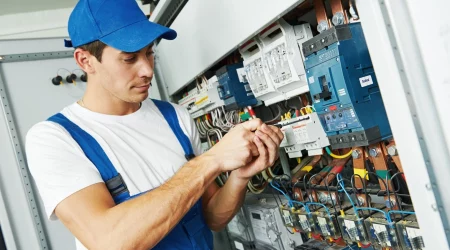 Elektriker bei der Arbeit an einem Sicherungskasten der zum Berufsrisiko zählt