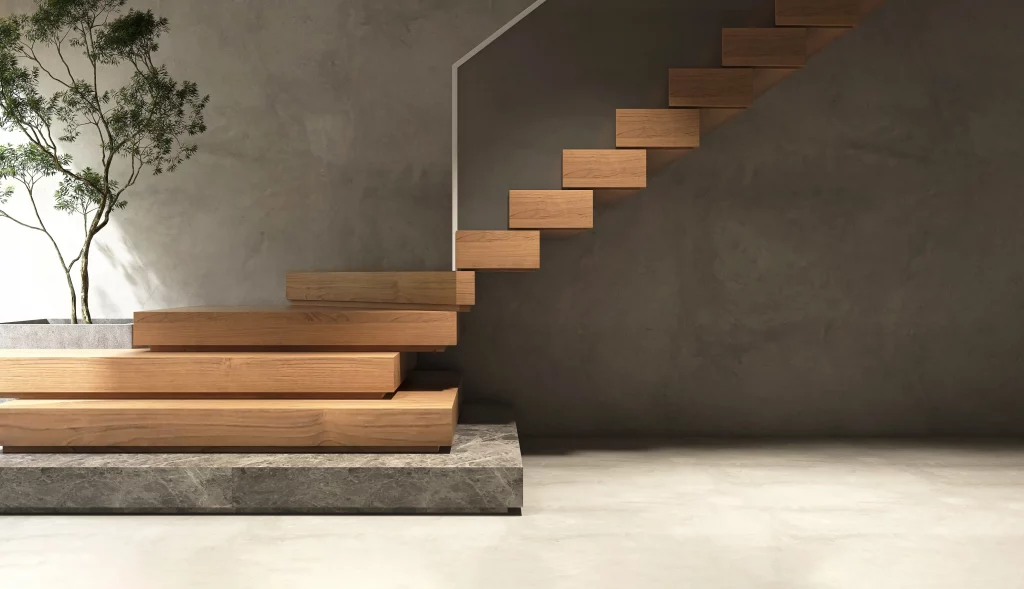 Moderne freitagende Treppe aus Holz mit Granitboden