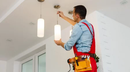 Elektriker in roter Arbeitshose montiert hängende Lampen an einer Decke in einer Wohnung