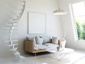 Wohnung mit moderner Einrichtung und weißer gewendelter Treppe