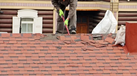 Dachdecker auf einem Dach mit Stemmeisen bei einer Dachreparatur