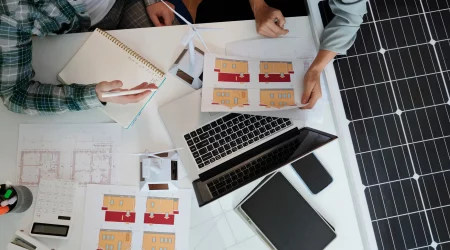 Solarexperte mit Laptop und Unterlagen zu einem Haus auf einem Tisch, gemeinsam mit einem Kunden bei einer Solarberatung