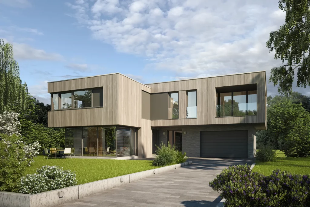 Moderne Holzvilla mit bodentiefen Eckfenstern