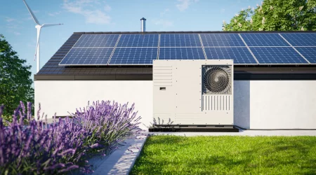 Eine auf einem Gründach eines Einfamilienhauses installierte Wärmepumpe mit Photovoltaik-Paneelen