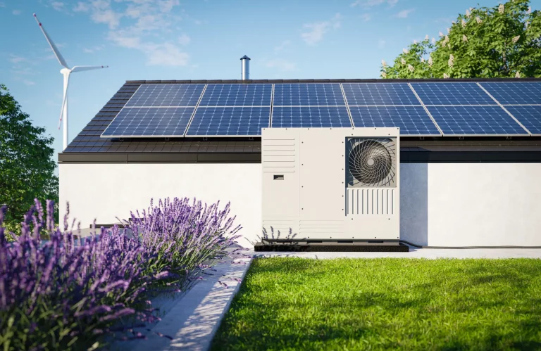 Eine auf einem Gründach eines Einfamilienhauses installierte Wärmepumpe mit Photovoltaik-Paneelen