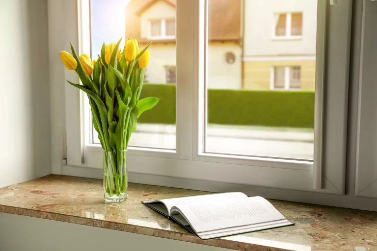 Blumenstrauß und Buch auf einer inneren Fensterbank