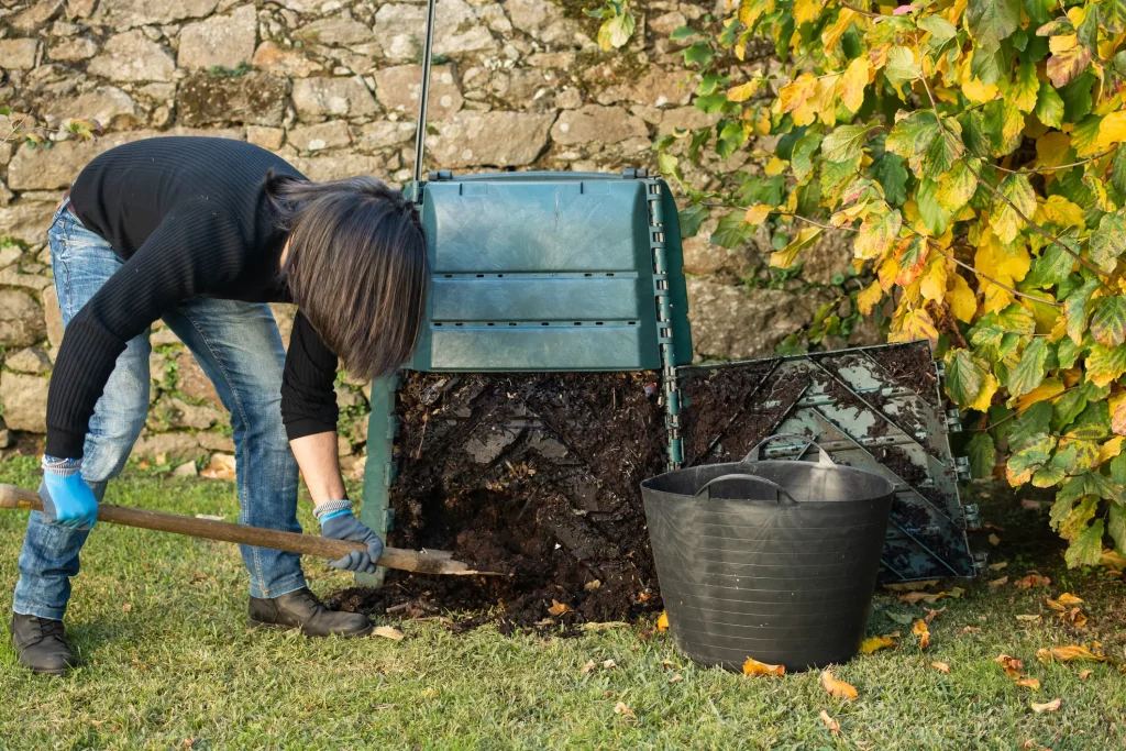 Ein Mann holt fertigen Kompost mit einer Schaufel aus einem Komposthaufen im Garten