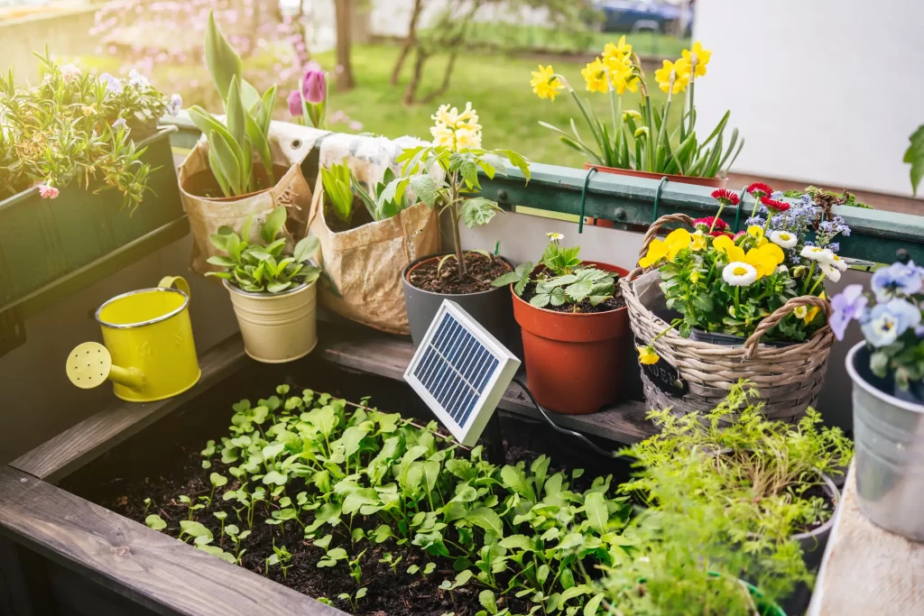 Mini PV-Anlage als Solarbatterie in einem Gartenbeet auf einem Balkon