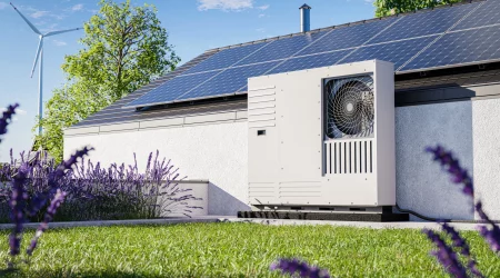Haus mit Wärmepumpe und Photovoltaikanlage auf dem Dach