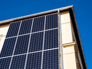 Hausfassade eines Mehrfamilienhauses mit Solarkollektoren
