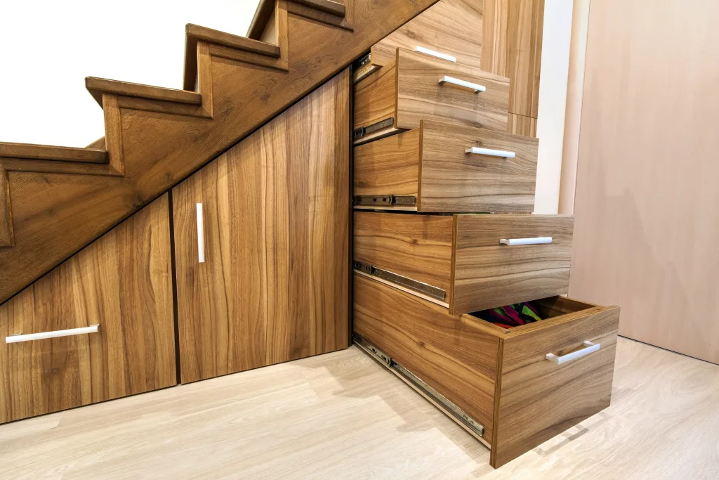 Ein individueller Einbauschrank nach Maß, die in den Freiraum unter einer Treppe eingebaut wurde