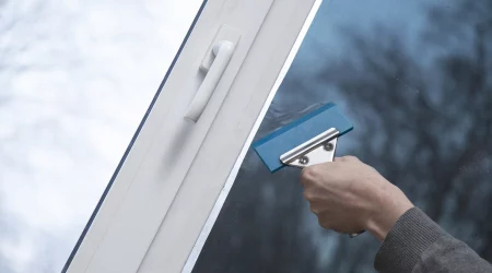 Installation von Fensterfolie im Büro. Schutz vor ultravioletter Strahlung.