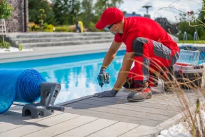 Ein Poolbauer mit rotem Hemd und roter Mütze montiert eine Verkleidung am Poolrand mit einem Akkuschrauber.