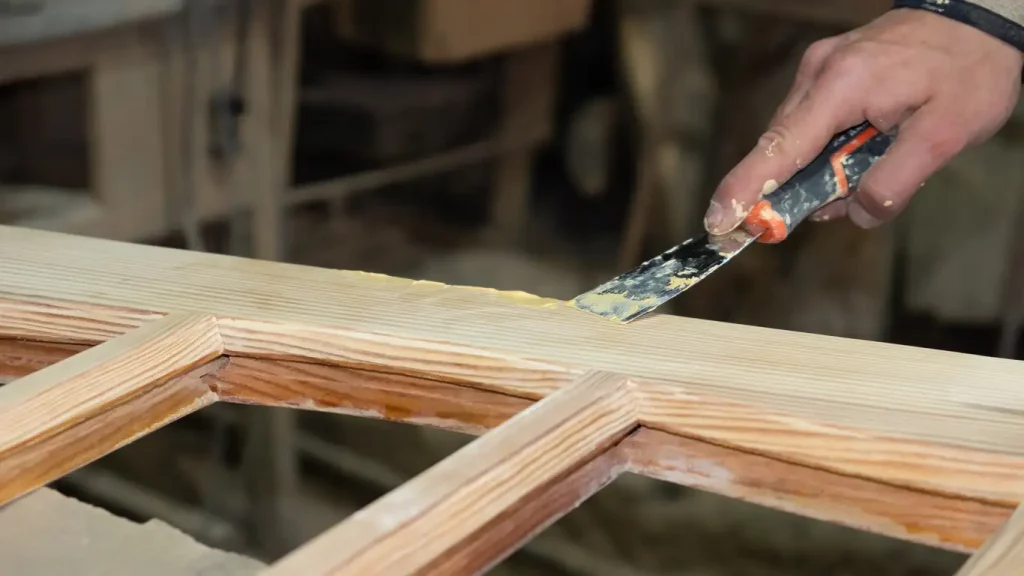 Tischler gleicht mit einer Spachtel und einem Holzkitt Unebenheiten an einem Türrahmen aus