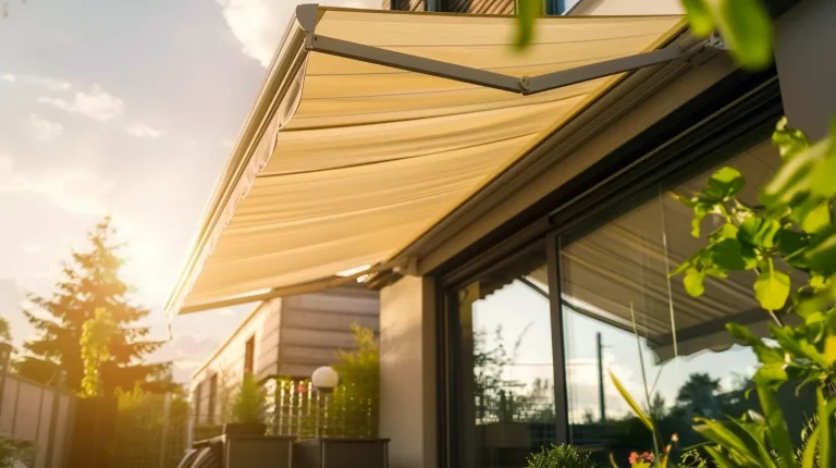 Eine moderne Terrasse bei Sonnenuntergang mit beiger Markise