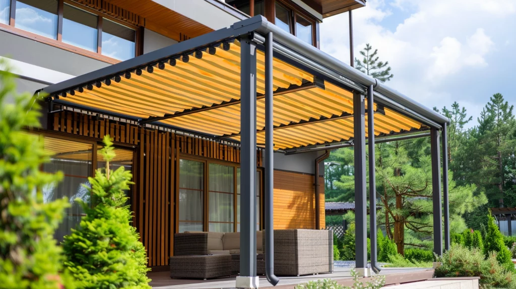 Eine moderne Pergola-Markise in Gelb als Sonnenschutz