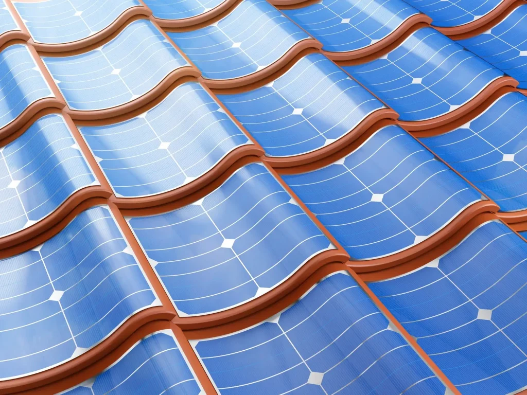 Nahaufnahme von Solarziegeln, Ziegel mit eigenen Solarmodulen