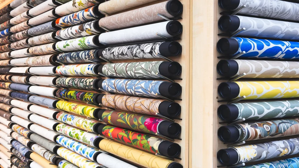 Verschiedene Tapetenarten in einem Fachgeschäft auf Tapetenrollen an einer Wand