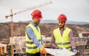 Zwei Bausachverständige vor einem Flur und Gemarkungsplan auf einem Grundstück