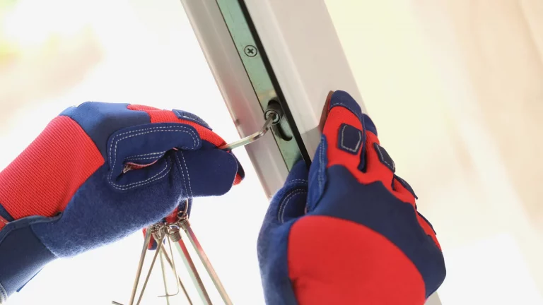 Hände eines Fensterbauers mit blau-roten Sicherheitshandschuhen, die ein Fenster mit einem Sechskanntschlüssel einstellen