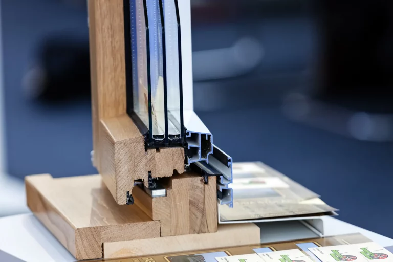 Querschnitt eines Fensterprofils mit Holz-Aluminium Fensterrahmen und Fensterglas