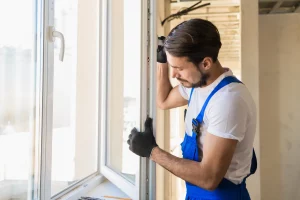 Fensterbauer prüft bei der Reparatur eines Kunststofffensterrahmens den Schließmechanismus