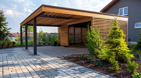 Ein moderner Carport aus Holz mit einer gepflasterten Einfahrt