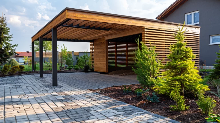 Ein moderner Carport aus Holz mit einer gepflasterten Einfahrt