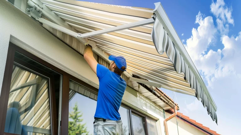 Markisenbauer montiert eine neue Gelenkarmmarkise bei der Terrasse eines Einfamilienhauses.