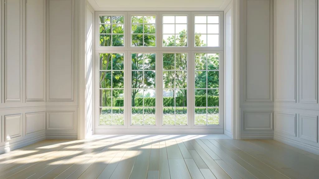 Große, weiße, bodentiefe Sprossenfenster in einem modernen Wohnraum