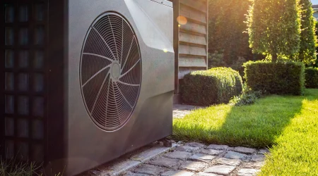 Eine schwarze Wärmepumpe vor einem Wohnhaus in einem Garten