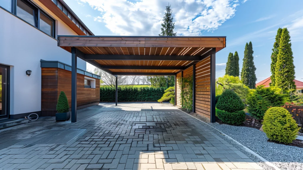 Ein moderner Holz-Carport an einem Einfamilienhaus