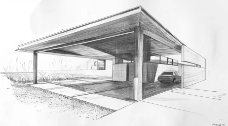 Ein detaillierter, individueller Architektenentwurf eines modernen Carports, dargestellt in einer präzisen Bleistiftzeichnung. Der Carport verfügt über ein flaches Dach und offene Seitenwände, die ein parkendes Auto und Lagerflächen zeigen.