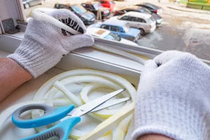 Ein Fensterbauer mit weißen Handschuhen, die Schaumstoffdichtungen an einem Fensterrahmen anbringt. Im Vordergrund sind eine Schere und zusätzliche Schaumstoffdichtung für die Abdichtung von Fenstern zu sehen. Im Hintergrund sind unscharf parkende Autos sichtbar.