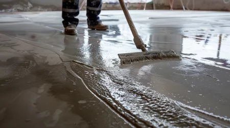 Ein Estrichleger verteilt frischen Fließestrich mit einem Werkzeug auf einem Boden. Der glatte, nasse Estrich reflektiert das Licht, während der Handwerker mit Arbeitshose und Stiefeln die Oberfläche bearbeitet, um eine gleichmäßige Schicht zu erzielen.