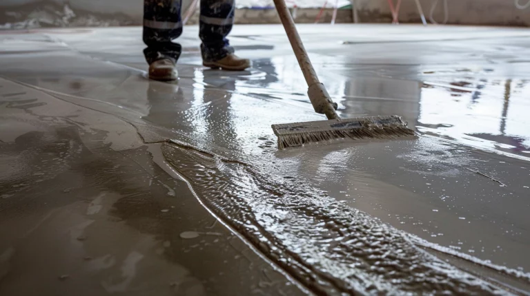 Ein Estrichleger verteilt frischen Fließestrich mit einem Werkzeug auf einem Boden. Der glatte, nasse Estrich reflektiert das Licht, während der Handwerker mit Arbeitshose und Stiefeln die Oberfläche bearbeitet, um eine gleichmäßige Schicht zu erzielen.