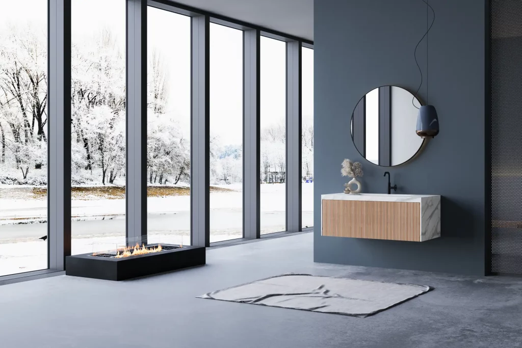 Große, bodentiefe, pulverbeschichtete Fenster in grau in einem modernen großen Wohnzimmer