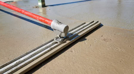 Nahaufnahme eines Werkzeugs zur Glättung von schwimmendem Estrich auf einer Baustelle. Das rote Werkzeug wird verwendet, um eine ebene und glatte Oberfläche auf dem frisch gegossenen Estrich zu erzeugen. Schwimmender Estrich verbessert die Stabilität und den Schallschutz von Fußböden.