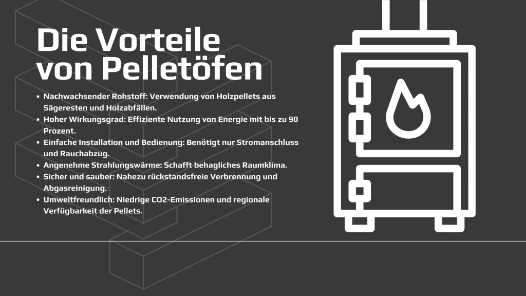 Infografik mit Vorteilen von Pelletöfen wie hoher Wirkungsgrad, einfache Installation, saubere Verbrennung und niedrige CO2 Emissionen.