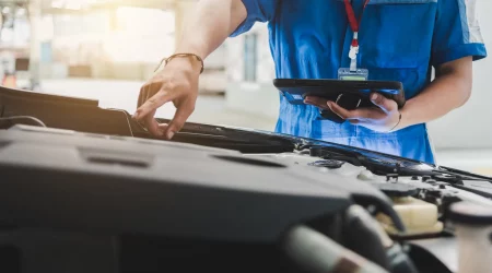 Ein KFZ-Mechaniker in blauer Arbeitskleidung überprüft den Motorraum eines Autos in einer Werkstatt. In der einen Hand hält er ein Tablet zur digitalen Dokumentation und Bewertung, während seine andere Hand im Motorraum arbeitet. Die Szene ist gut beleuchtet und zeigt die moderne Herangehensweise an die Autobewertung und Wartung, bei der digitale Werkzeuge zum Einsatz kommen, um den Zustand des Fahrzeugs zu erfassen und zu bewerten.