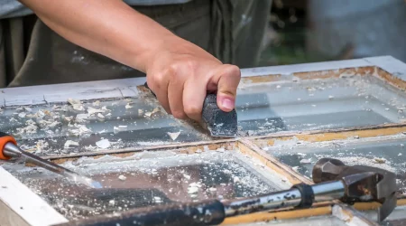 Ein Handwerker entfernt alte Farbe und Lack von einem Holzfensterrahmen mit einem Schaber. Auf dem Arbeitstisch sind Werkzeuge wie ein Hammer und ein Meißel für die Sanierung zu sehen.